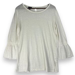 Talbots White 100% Linen Bell Sleeve Knit Top Blouse Side Slits Boho Beach‎ M